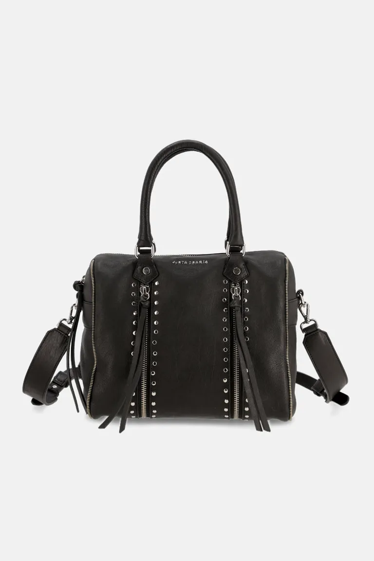 Bolso de cuero negro con detalles metálicos y correa ajustable de Justaosadia en Bolsos y Carteras para argentina