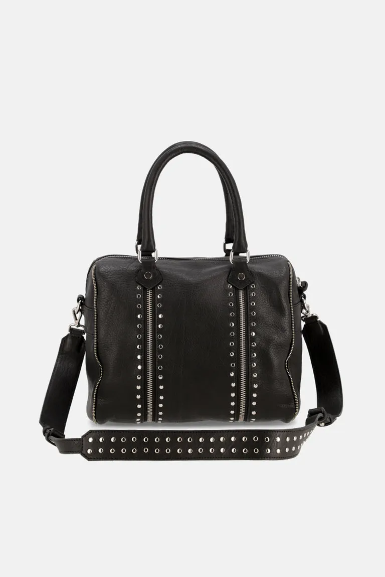 Bolso de cuero negro con detalles metálicos y correa ajustable de Justaosadia en Bolsos y Carteras para argentina