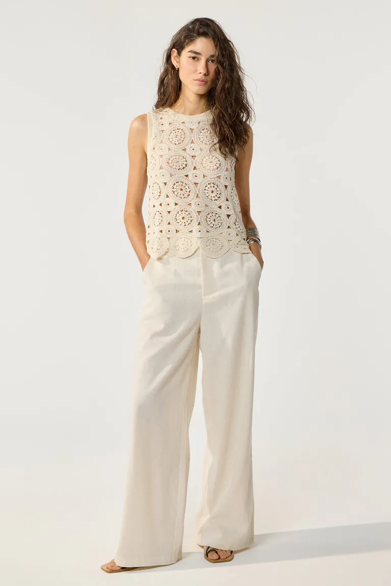 Pantalón de lino de corte wide y tiro alto para mujer de Cuesta Blanca en Pantalones para argentina