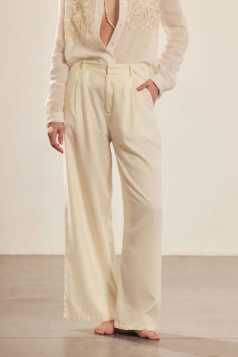 Pantalón ancho de lino para mujer con pinzas en la cintura y bolsillos laterales de Portsaid en Pantalones para argentina
