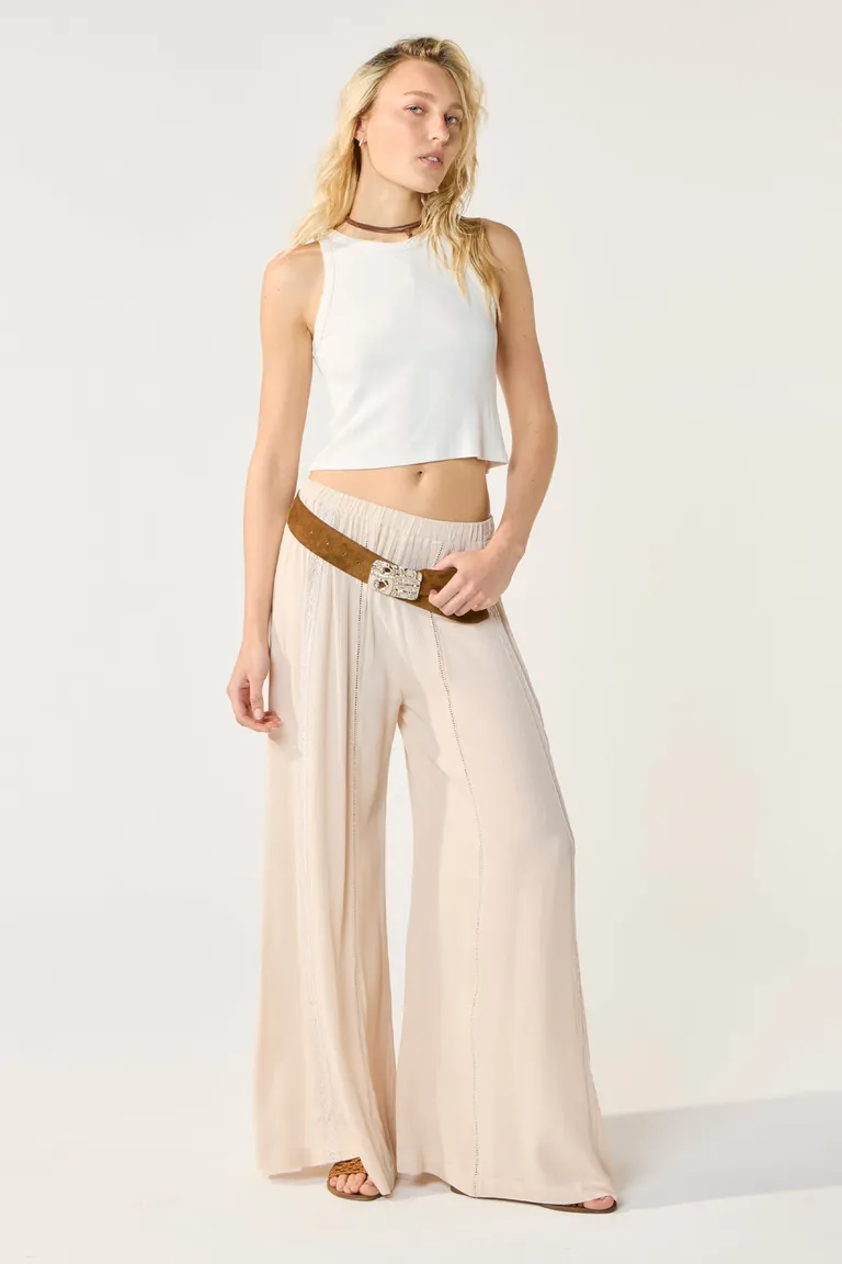 Pantalones palazzo de tiro alto con cintura elástica en bambula lisa de Cuesta Blanca en Pantalones para argentina