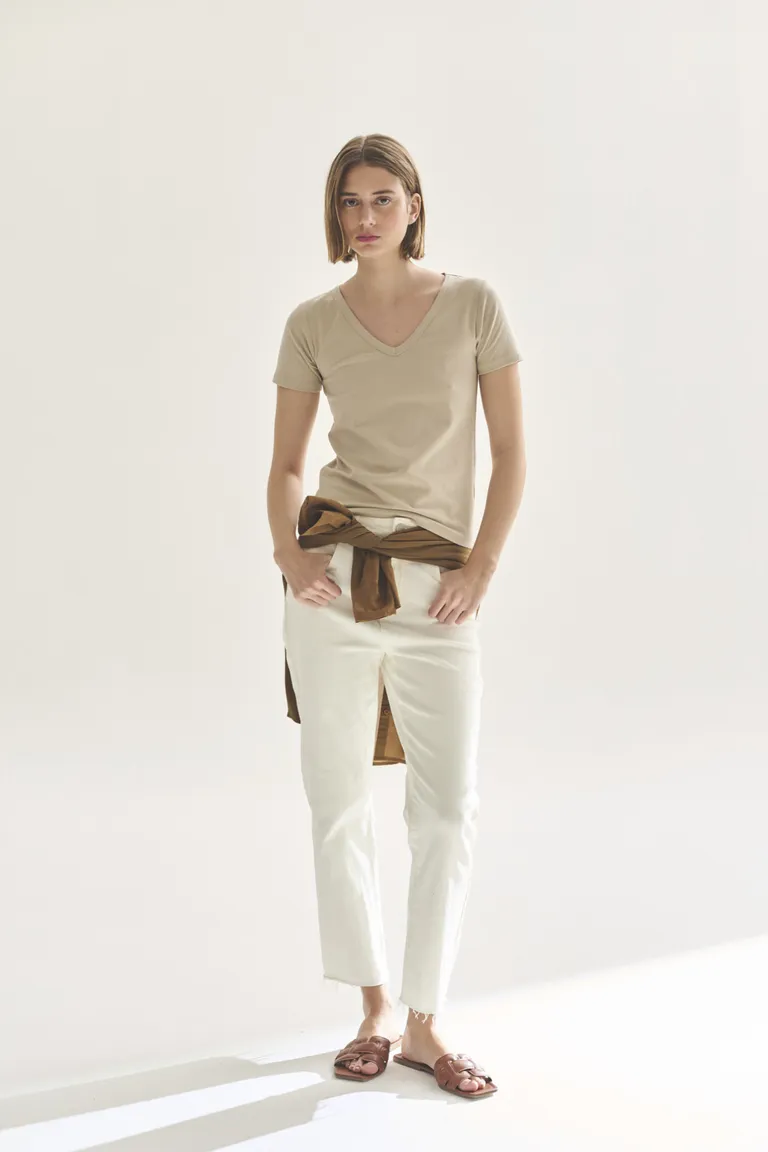 Remera de escote en V en color beige, una prenda básica y versátil para el guardarropa femenino de Akiabara en Remeras para argentina