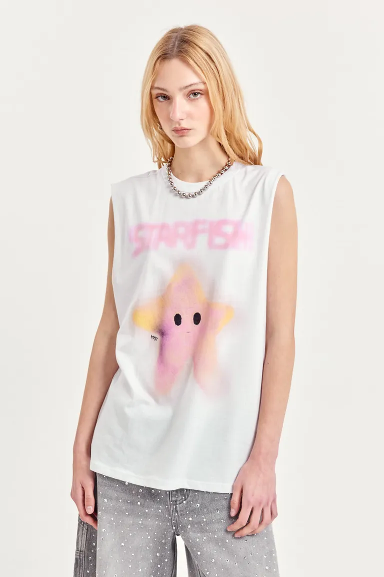Remera blanca sin mangas con estampa de estrella de mar rosa de 47 Street en Remeras para argentina