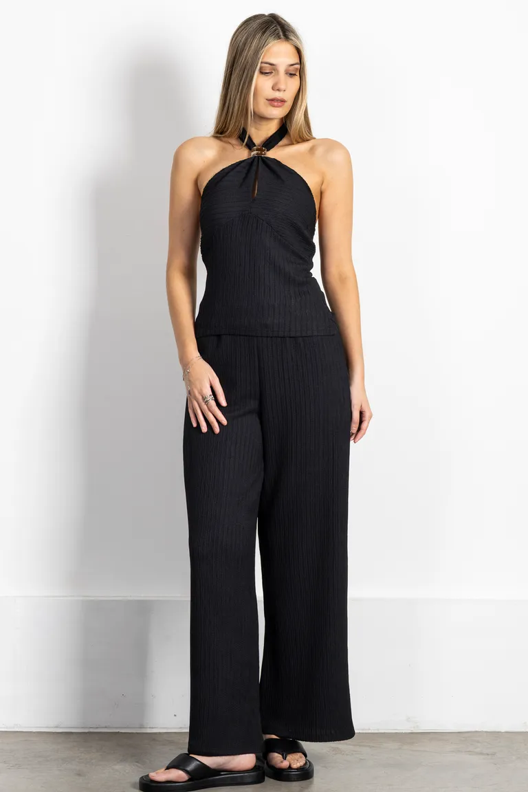 Pantalón negro con textura rayada y cintura elástica para mujer de Kill en Pantalones para argentina