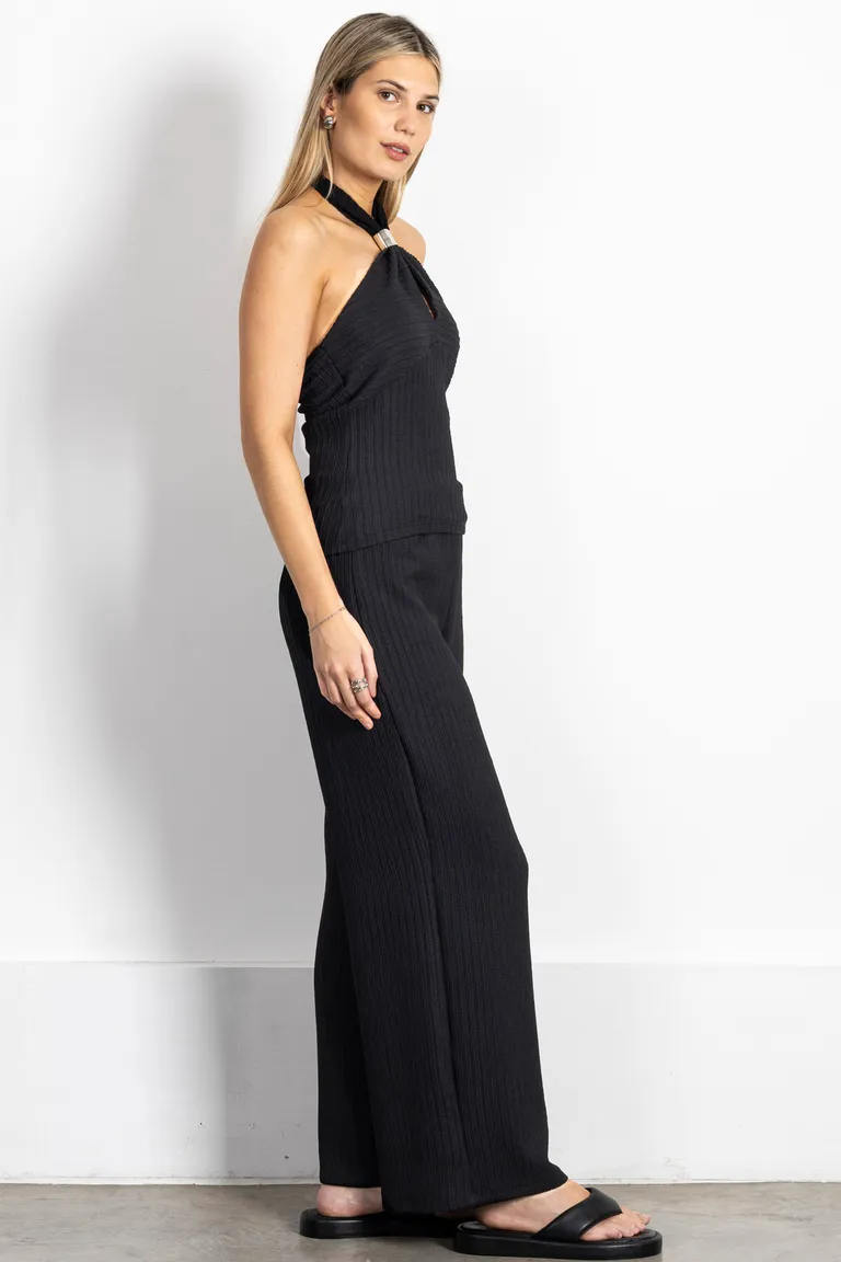 Pantalón negro con textura rayada y cintura elástica para mujer de Kill en Pantalones para argentina