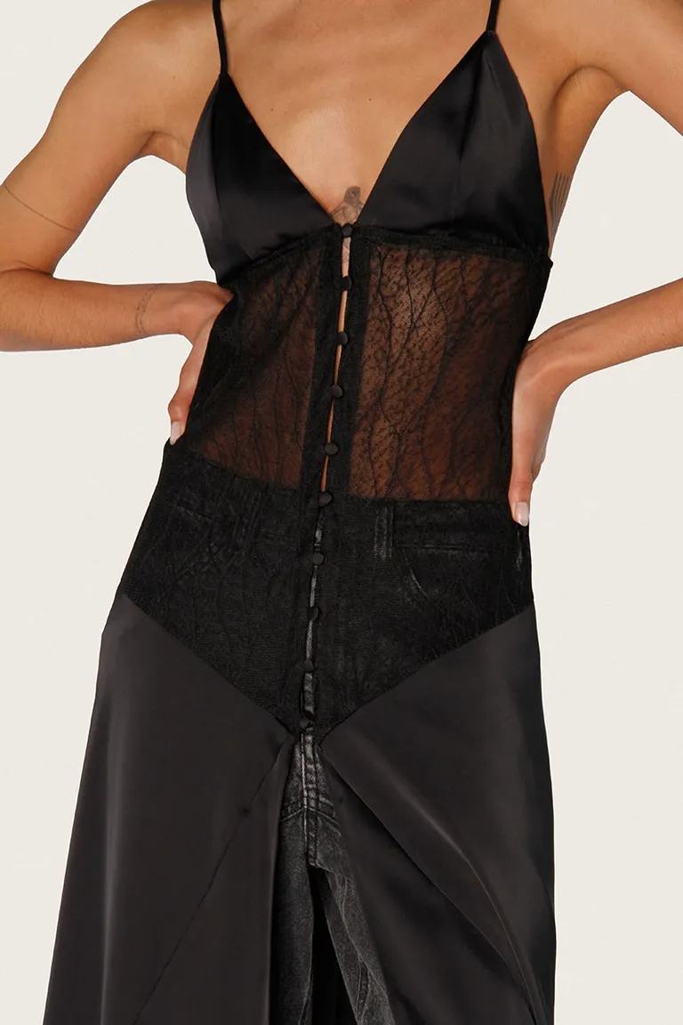 Vestido largo de seda y encaje negro con escote y tajo central de Sofia Sarkany en Vestidos para argentina