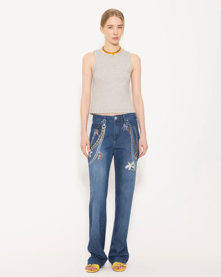 Jeans rectos de algodón y lino para mujer con estampado exclusivo de Jazmin Chebar en Pantalones para argentina
