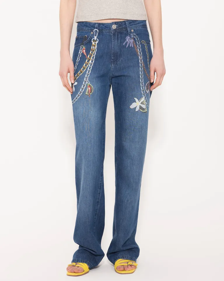 Jeans rectos de algodón y lino para mujer con estampado exclusivo de Jazmin Chebar en Pantalones para argentina