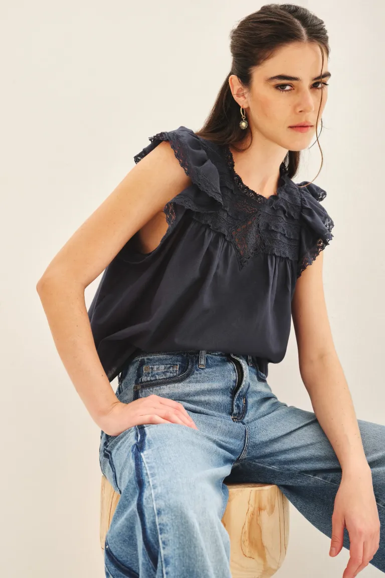 Camisa de algodón con detalles de encaje en el canesú de Rapsodia en Camisas para argentina