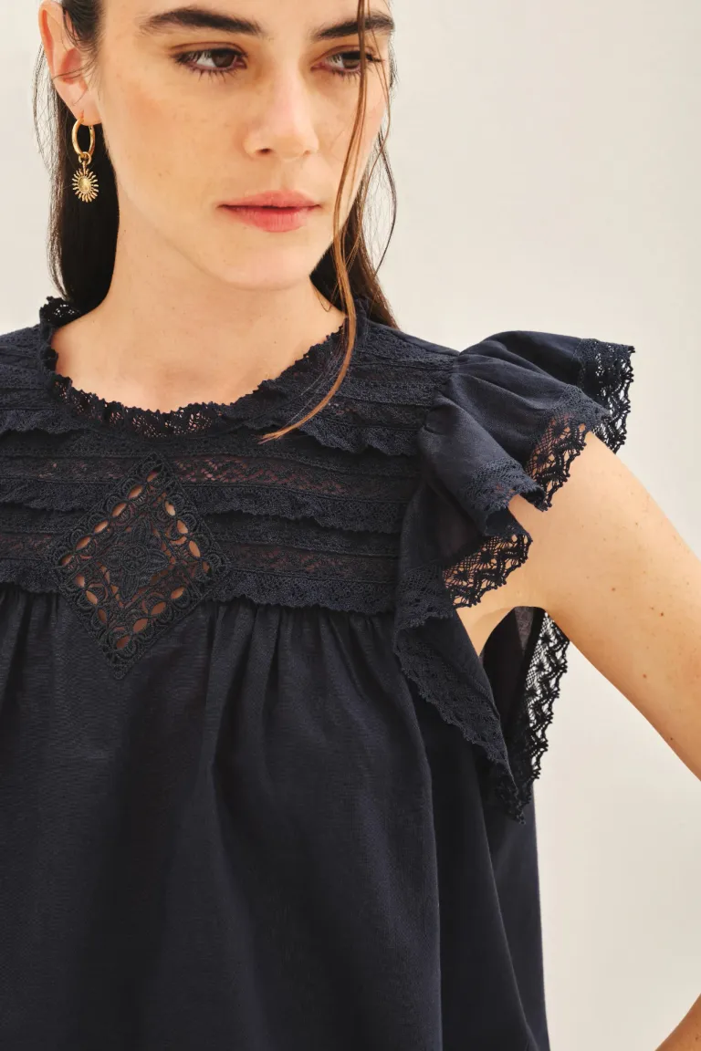 Camisa de algodón con detalles de encaje en el canesú de Rapsodia en Camisas para argentina