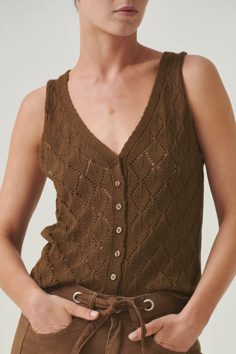 Chaleco de lino marrón de corte recto con botones decorativos de Sweet en Chalecos para argentina