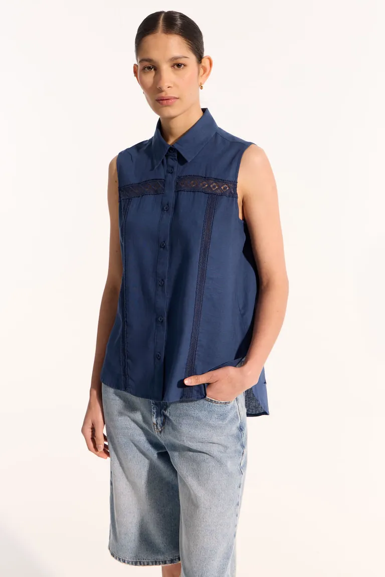 Camisa sin mangas de corte recto y calce holgado con detalles en entredós de Portsaid en Camisas para argentina