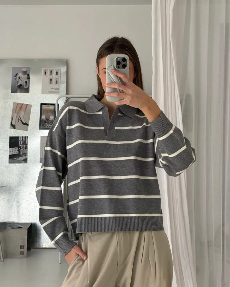 Suéter de rayas en negro y gris oscuro - diseño casual y cómodo para usar en cualquier ocasión de Sky en Buzos y Sweaters para argentina