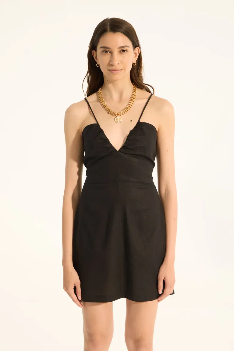Vestido de lino viscosa corto con escote en V y detalles ajustables en la espalda de Portsaid en Vestidos para argentina