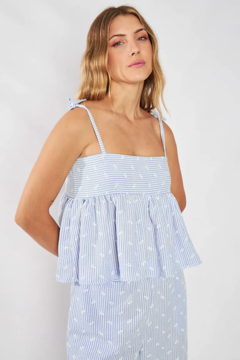 Top de lino rayado con bordado y tiras regulables de Belle en Tops para argentina