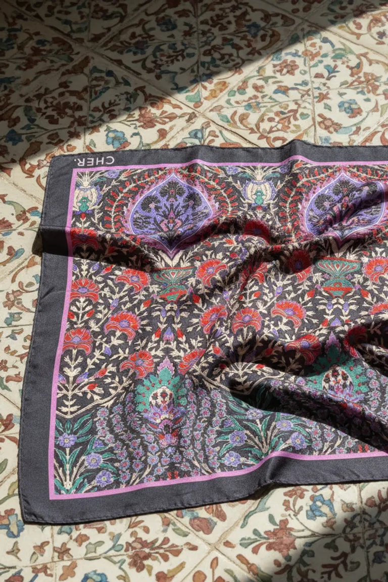 Pañuelo de seda estampado con diseño geométrico y floral en tonos vivos de Maria Cher en Bufandas y Pañuelos para argentina