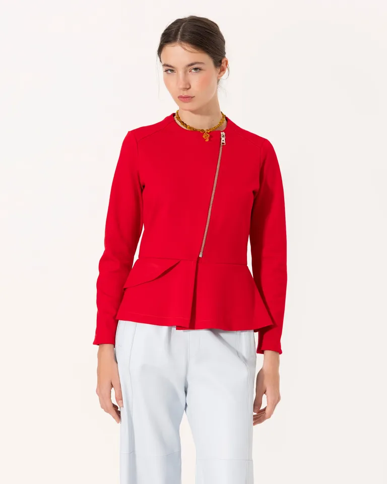 Chaqueta roja de diseño estructurado con volados para mujer de Jazmin Chebar en Chaquetas para argentina