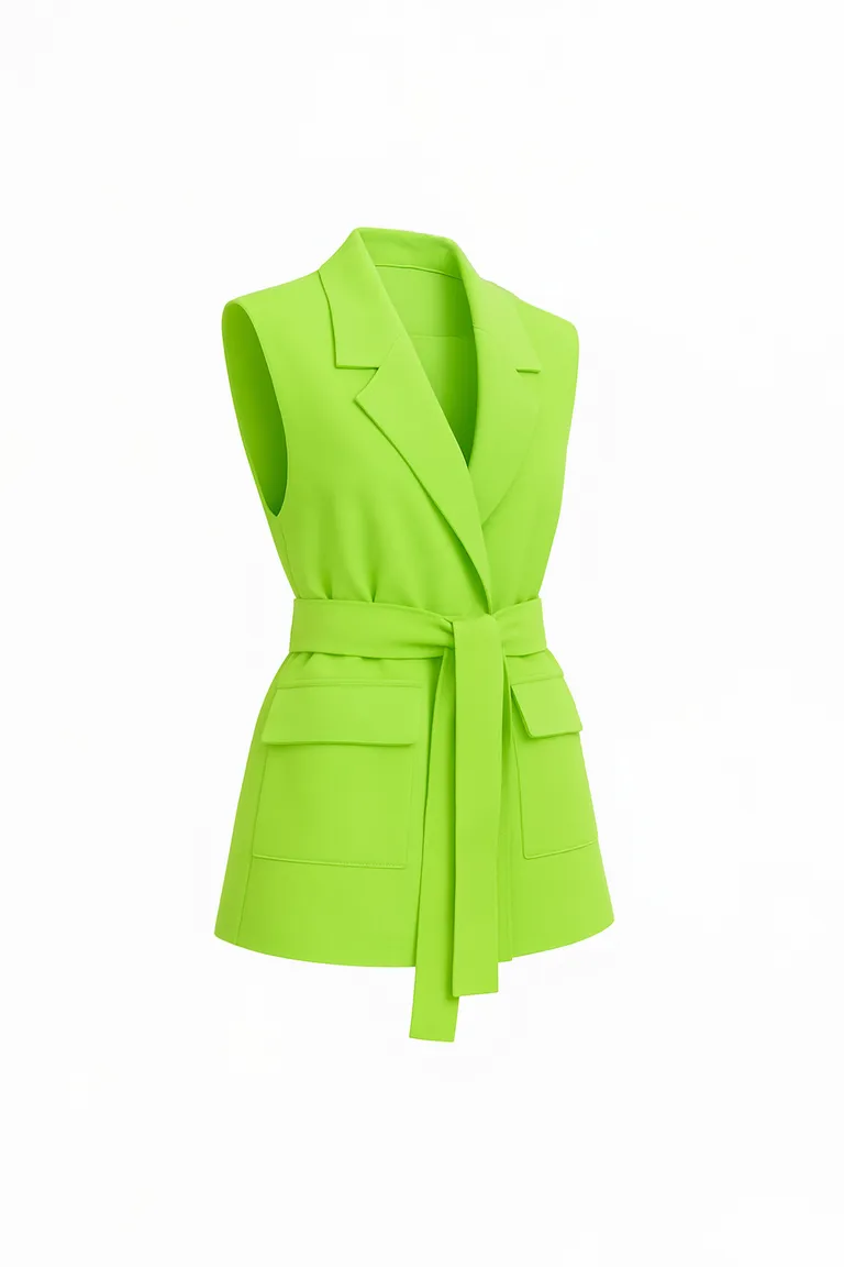 Chaleco verde de crepe con solapa y cinturón en la cintura de Naíma en Chalecos para argentina