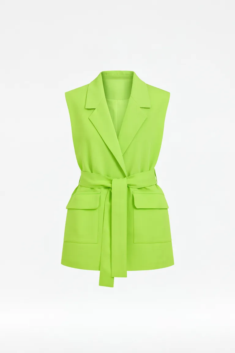 Chaleco verde de crepe con solapa y cinturón en la cintura de Naíma en Chalecos para argentina