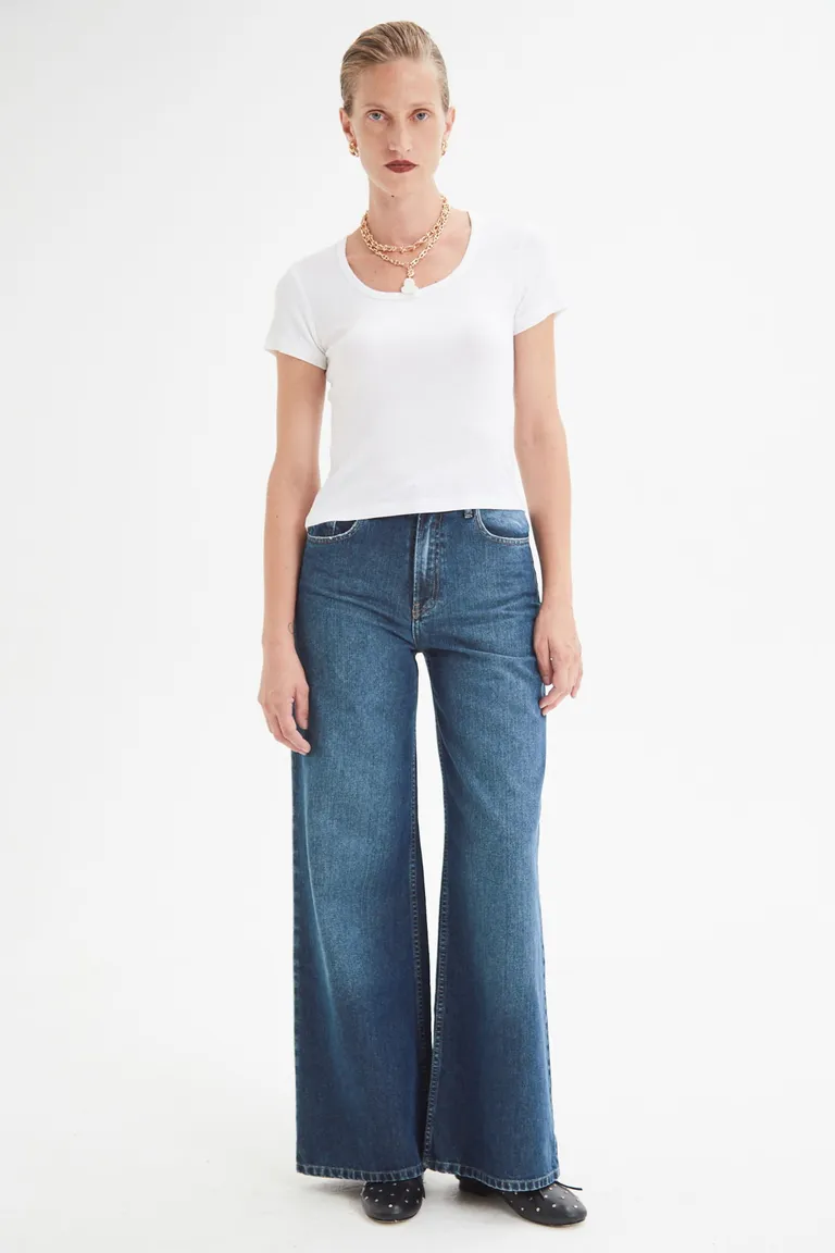 Pantalón de jean wide leg de tiro alto en tonos azulados desgastados de Las Pepas en Pantalones para argentina