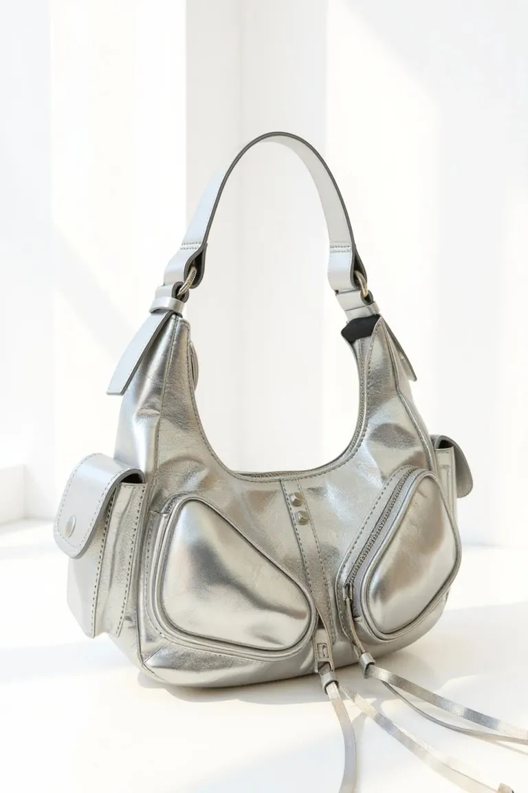 Cartera de cuero plateada con detalles metálicos y bolsillo interno de Maria Cher en Bolsos y Carteras para argentina