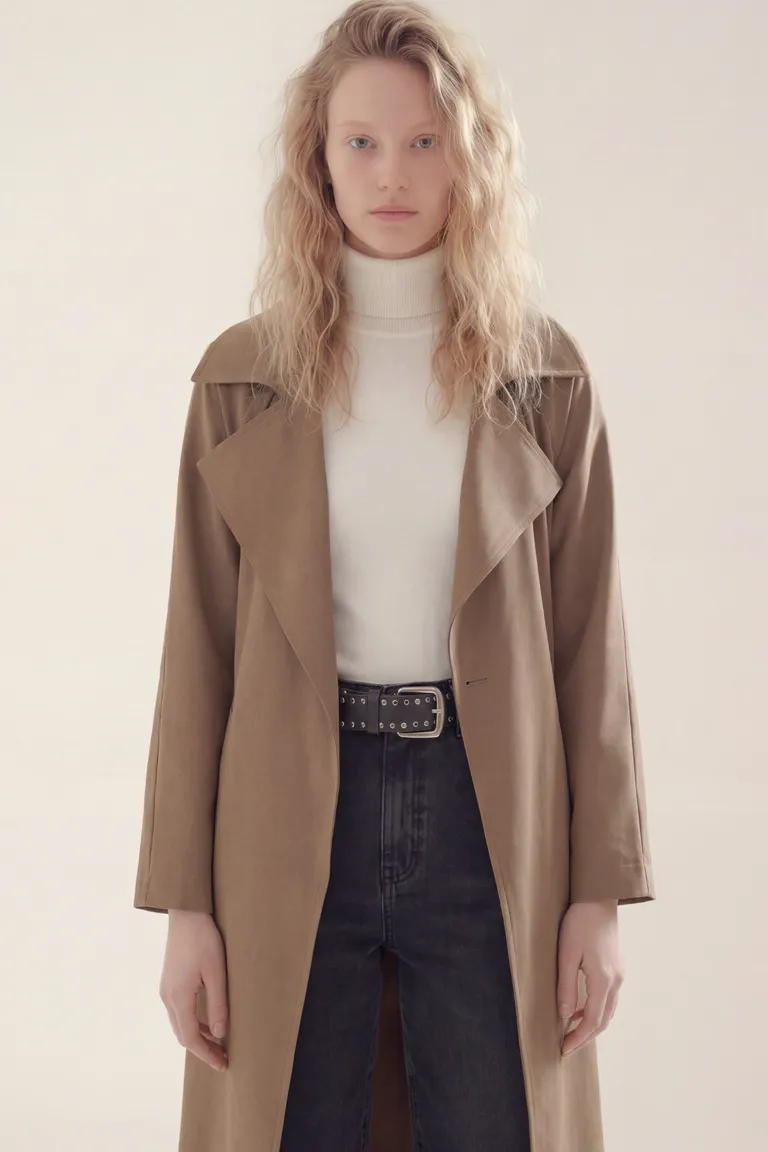 Trench clásico de corte largo con solapas amplias para mujer de Akiabara en Tapados para argentina