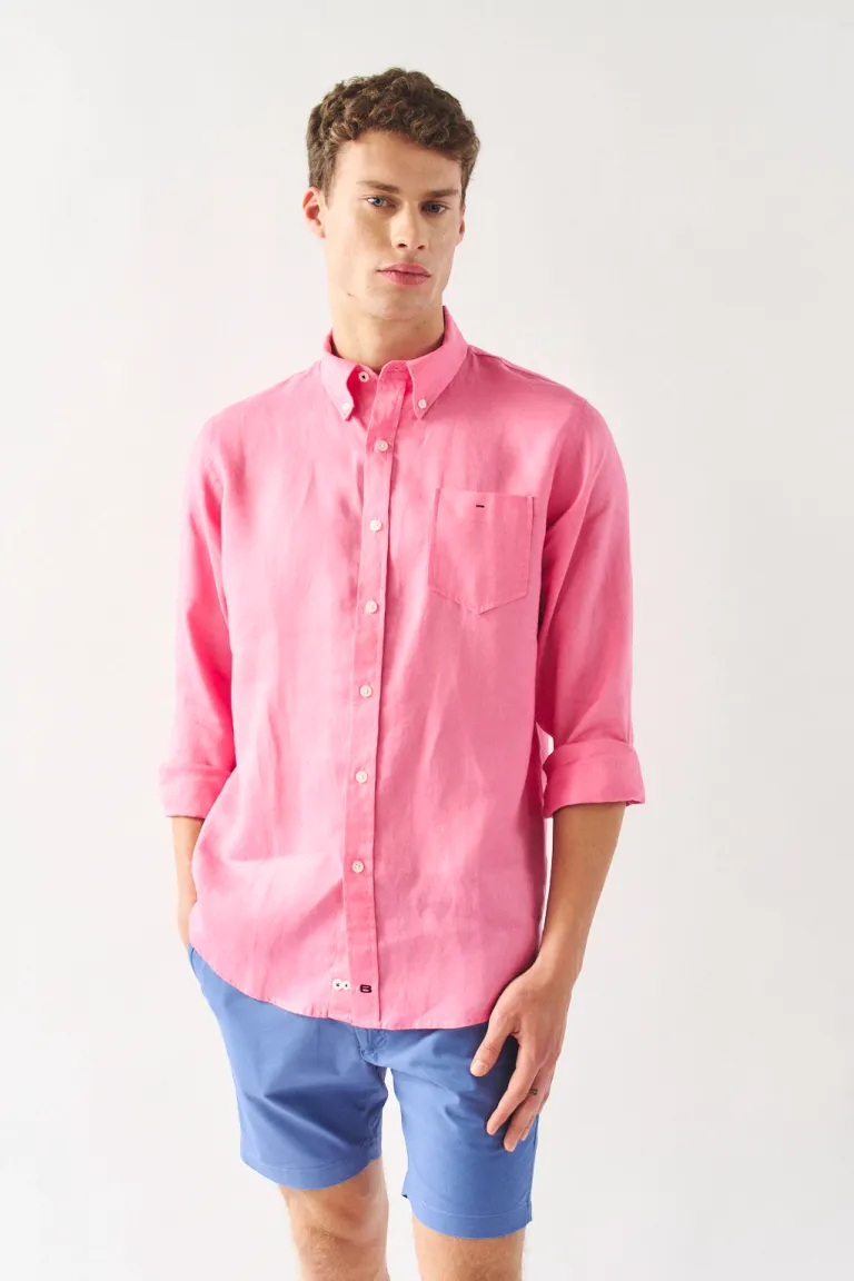 Camisa de lino rosa de manga larga con cuello abotonado y bolsillo de Bensimon en Camisas para argentina