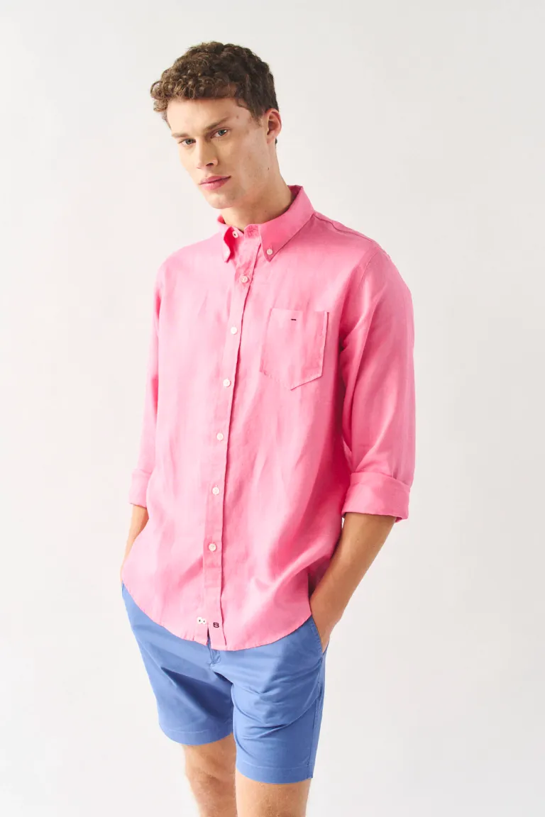 Camisa de lino rosa de manga larga con cuello abotonado y bolsillo de Bensimon en Camisas para argentina