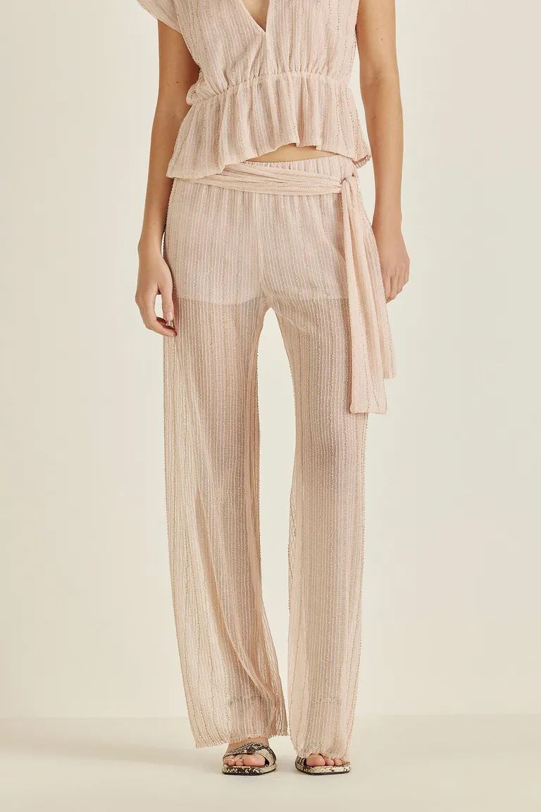 Pantalón bordado en tonos champagne y rose con cinturón para mujer de Tucci en Pantalones para argentina