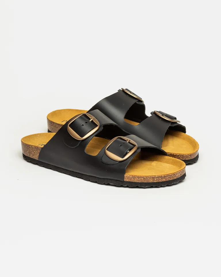 Sandalias negras de cuero con doble hebilla y plantilla ergonómica de Prüne en Sandalias para argentina