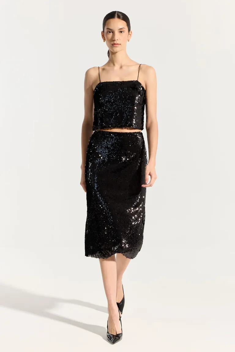 Falda midi de lentejuelas negras, un diseño elegante y brillante para ocasiones especiales de Portsaid en Faldas para argentina