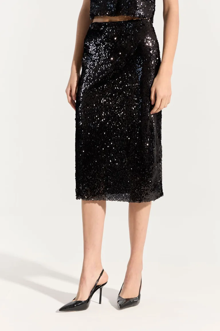 Falda midi de lentejuelas negras, un diseño elegante y brillante para ocasiones especiales de Portsaid en Faldas para argentina
