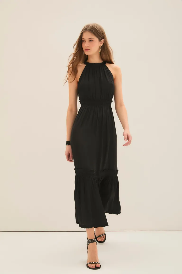 Vestido negro elegante de largo midi con escote halter y volados de Rapsodia en Vestidos para argentina