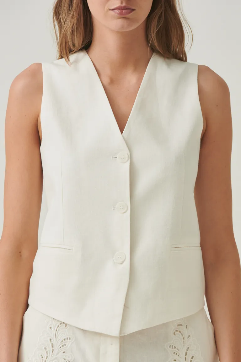 Chaleco blanco de lino corte recto y escote en V para un estilo refinado de Sweet en Chalecos para argentina