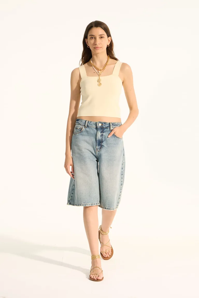 Suéter con escote recto y reguladores metálicos dorados, de diseño modular y tacto suave de Portsaid en Tops para argentina