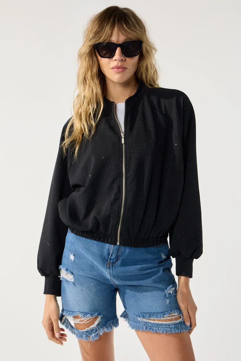 Campera bomber de punto con detalles de brillo en negro para mujer de Cuesta Blanca en Chaquetas para argentina