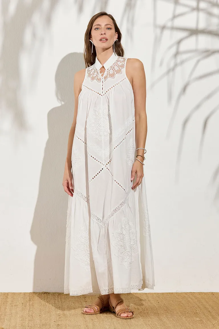 Vestido largo de estilo camisero con detalles en crochet en tono blanco de Indiastyle en Vestidos para argentina