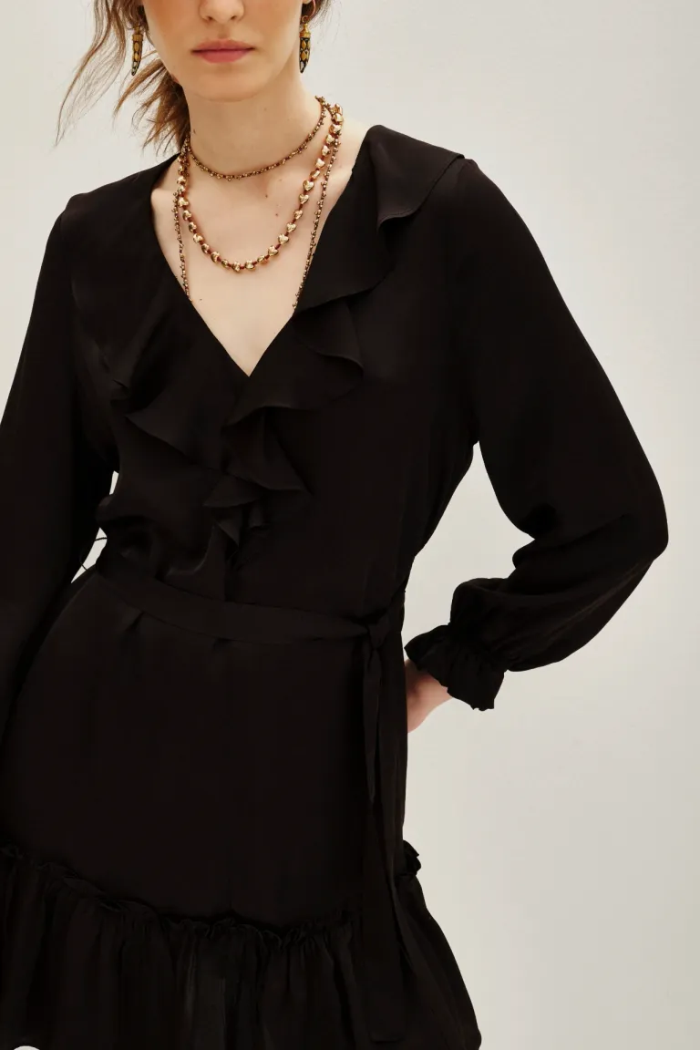 Vestido corto manga larga con escote en V volados y lazo ajustable en la cintura de Rapsodia en Vestidos para argentina