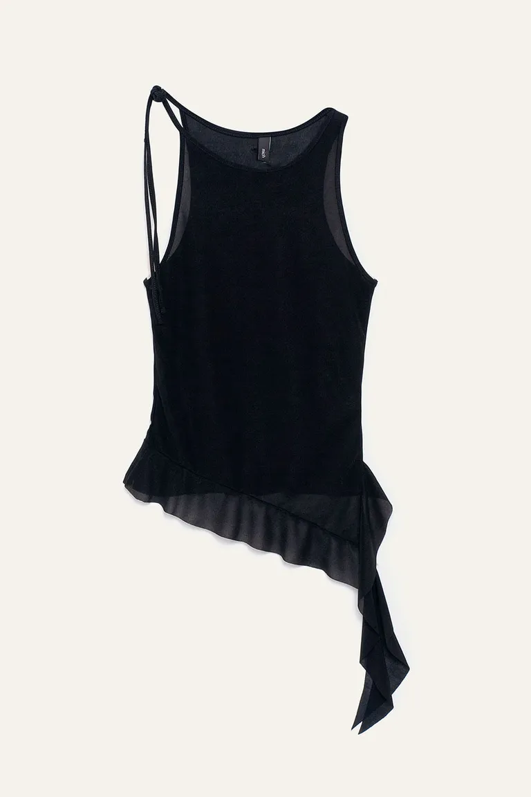 Top sin mangas con volados en el ruedo y detalle de lazo anudable en hombro de 47 Street en Tops para argentina