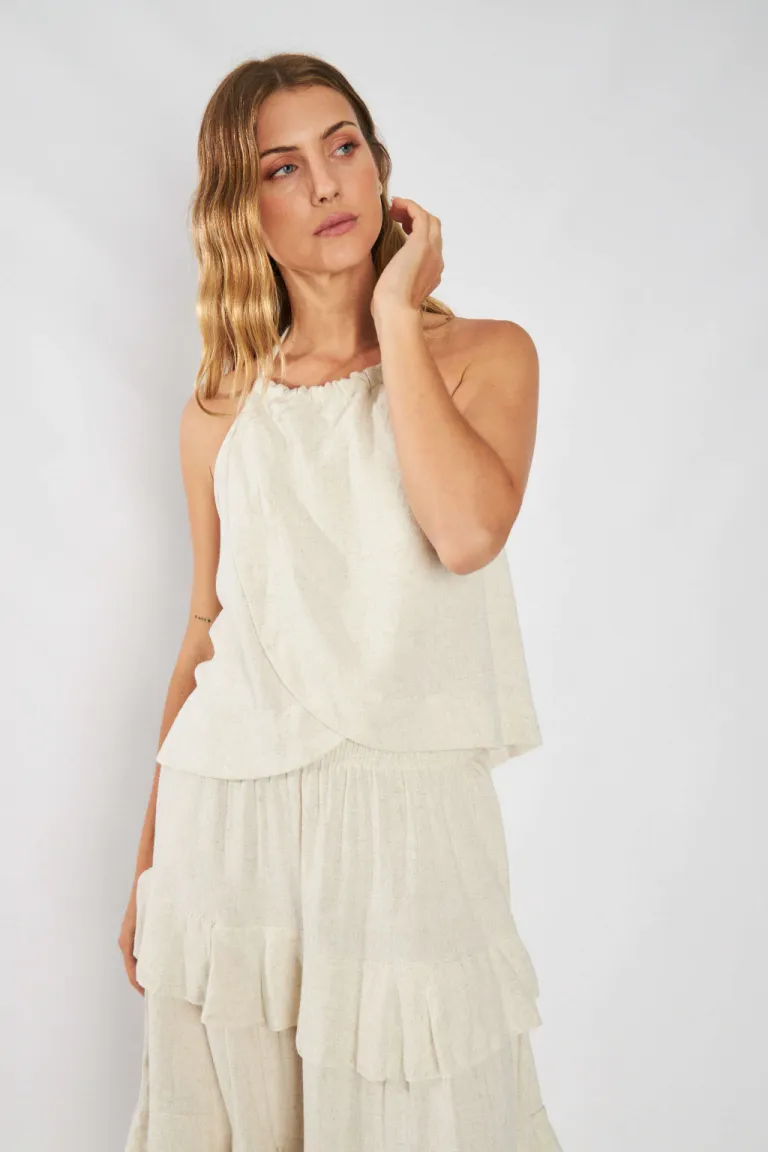 Blusa de lino con diseño cruzado y espalda elástica de Belle en Blusas para argentina