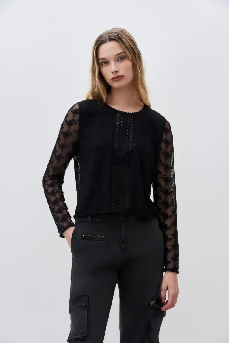 Camisa de manga larga con bordado de micro tul y pechera de puntilla a tono de Rapsodia en Camisas para argentina