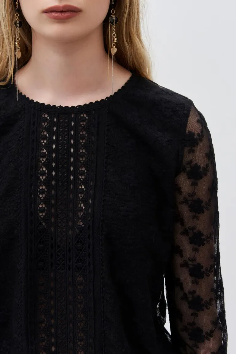 Camisa de manga larga con bordado de micro tul y pechera de puntilla a tono de Rapsodia en Camisas para argentina