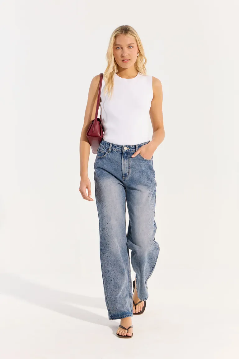 Pantalones jeans de tiro medio, rectos y anchos con detalles decorativos laterales de Portsaid en Pantalones para argentina