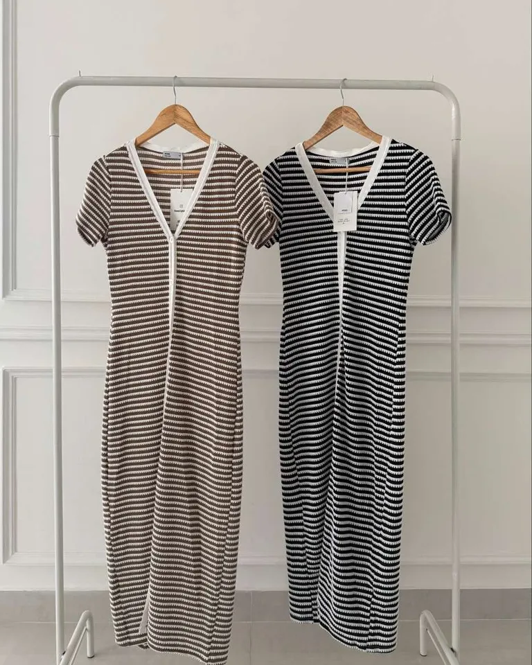 Vestido largo tejido importado rayado bicolor manga corta escote v abotonado de Hesed en Vestidos para argentina