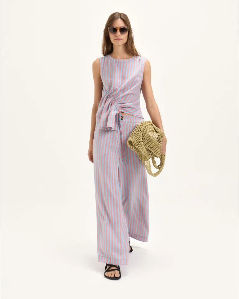 Pantalón pia de lino con estampado a rayas y cintura elástica para un look relajado y cómodo de Blue Sheep en Pantalones para argentina