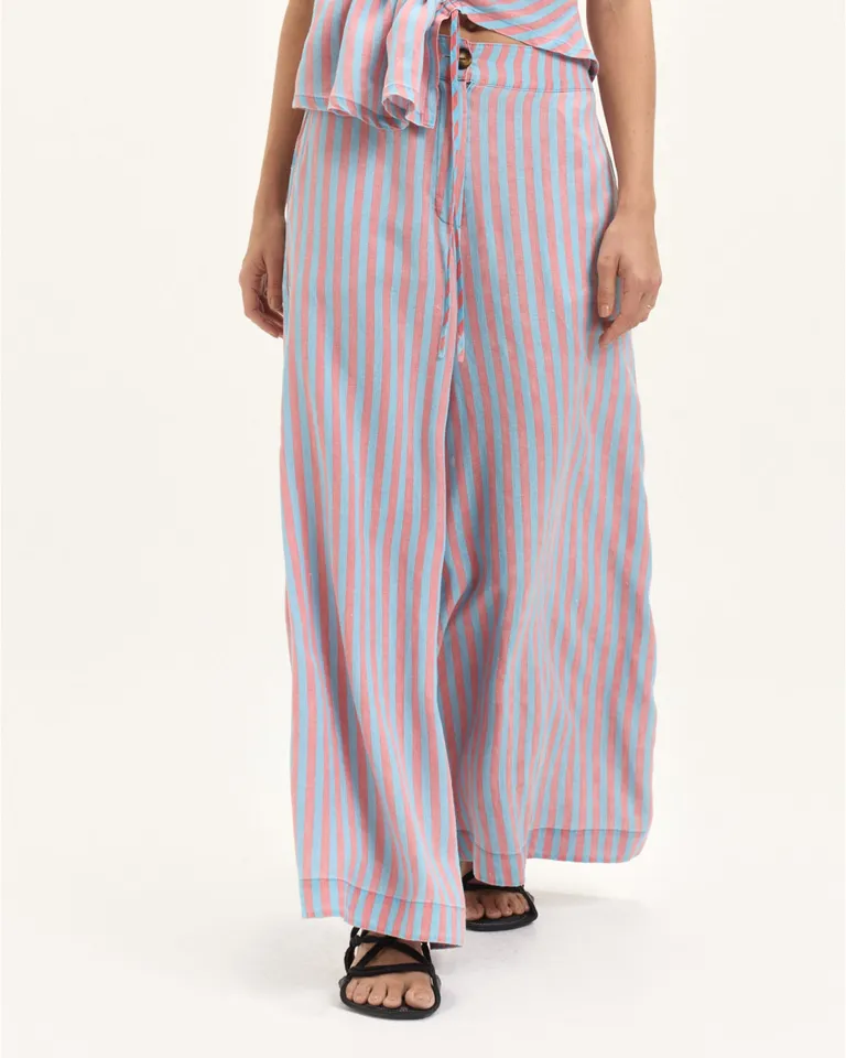 Pantalón pia de lino con estampado a rayas y cintura elástica para un look relajado y cómodo de Blue Sheep en Pantalones para argentina