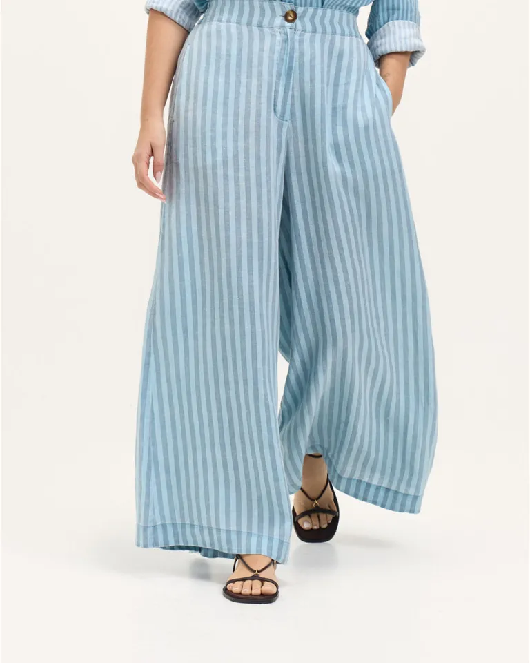 Pantalón pia de lino con estampado a rayas y cintura elástica para un look relajado y cómodo de Blue Sheep en Pantalones para argentina