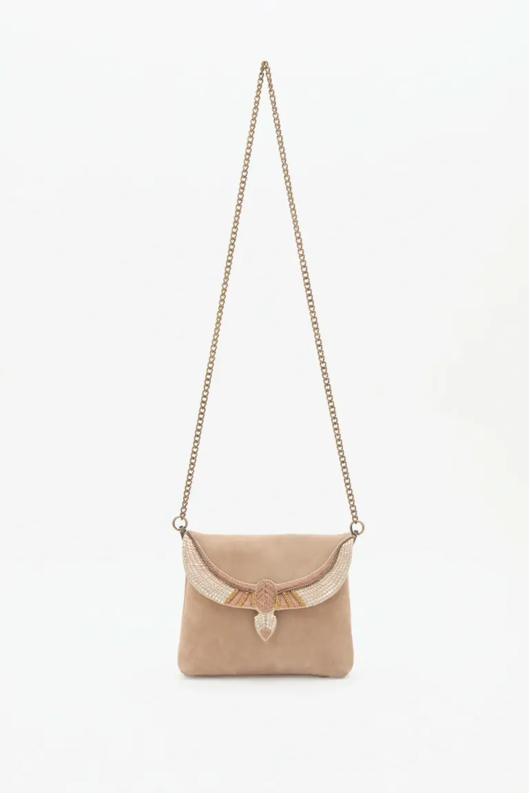 Cartera de cuero gamuza con diseño bordado y cadena dorada de Rapsodia en Bolsos y Carteras para argentina