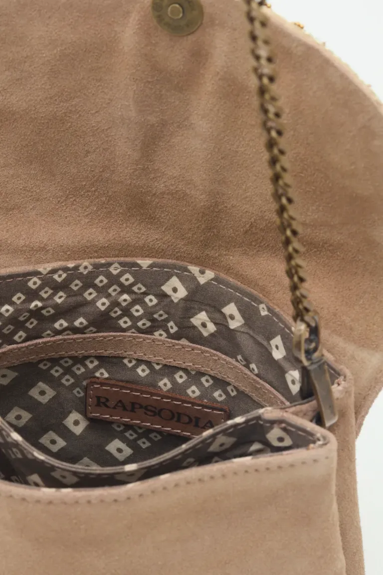 Cartera de cuero gamuza con diseño bordado y cadena dorada de Rapsodia en Bolsos y Carteras para argentina