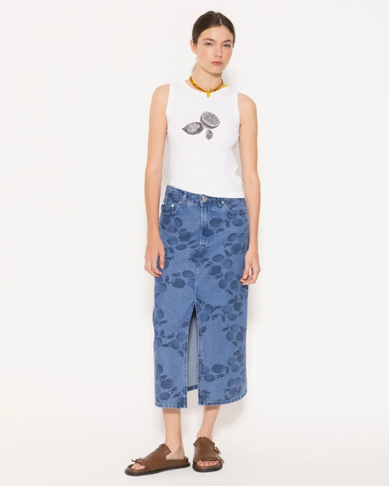 Pollera citrus: pantalón midi de denim estampado para mujer de Jazmin Chebar en Pantalones para argentina